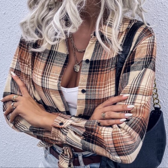 Boho khaki plaid casual button down shirt - Picture 2 of 5